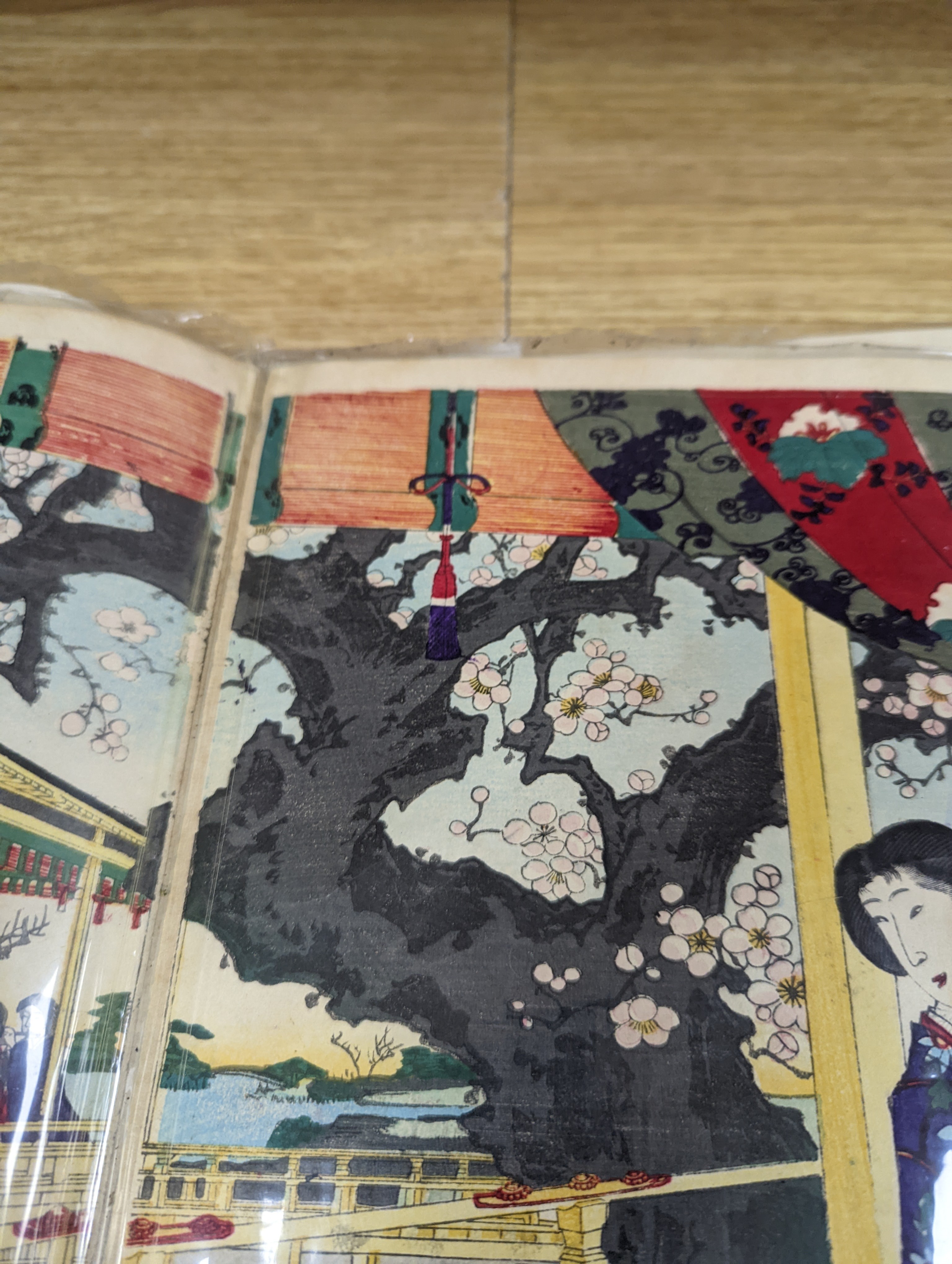 Three Japanese woodblock triptychs by Chikanobu Toyohara and others, Oban format